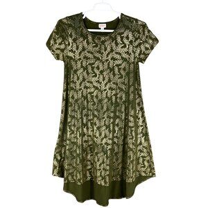 Lularoe Womens S Olive Green Gold Foil Leaf Flowy Carly Swing Dress Fairycore